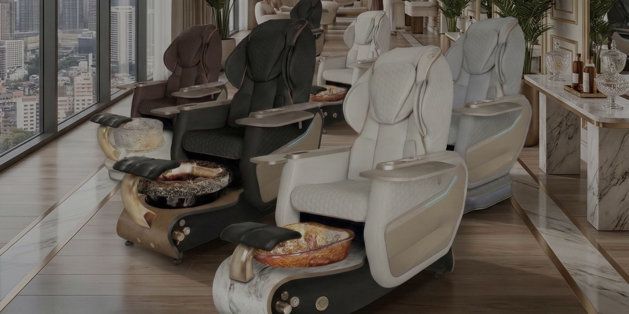 Client relaxing in a Gulfstream Super Relax Series pedicure chair featuring the 9690 Shiatsu massage chair, wireless phone charging, ergonomic design, and premium salon comfort.