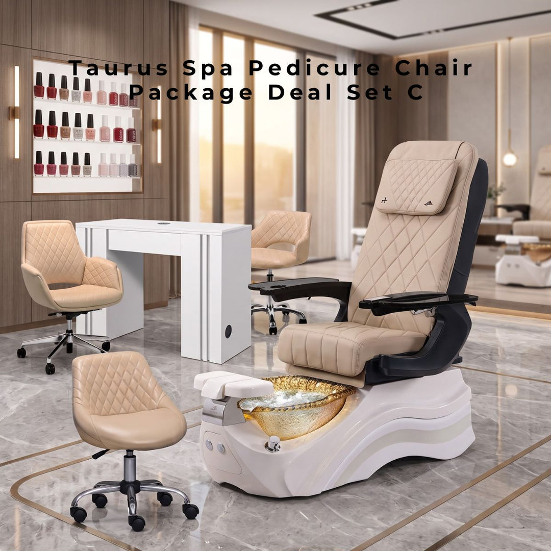 Taurus Pedicure Chair Package featuring stylish salon chairs and coordinated spa equipment designed to elevate comfort and create a modern salon experience.