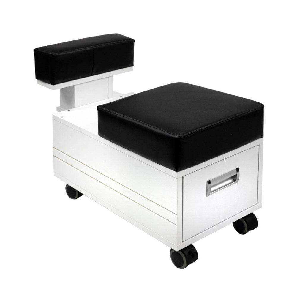 Salon Pedi Cart in white color with black footrest and seat cushion.