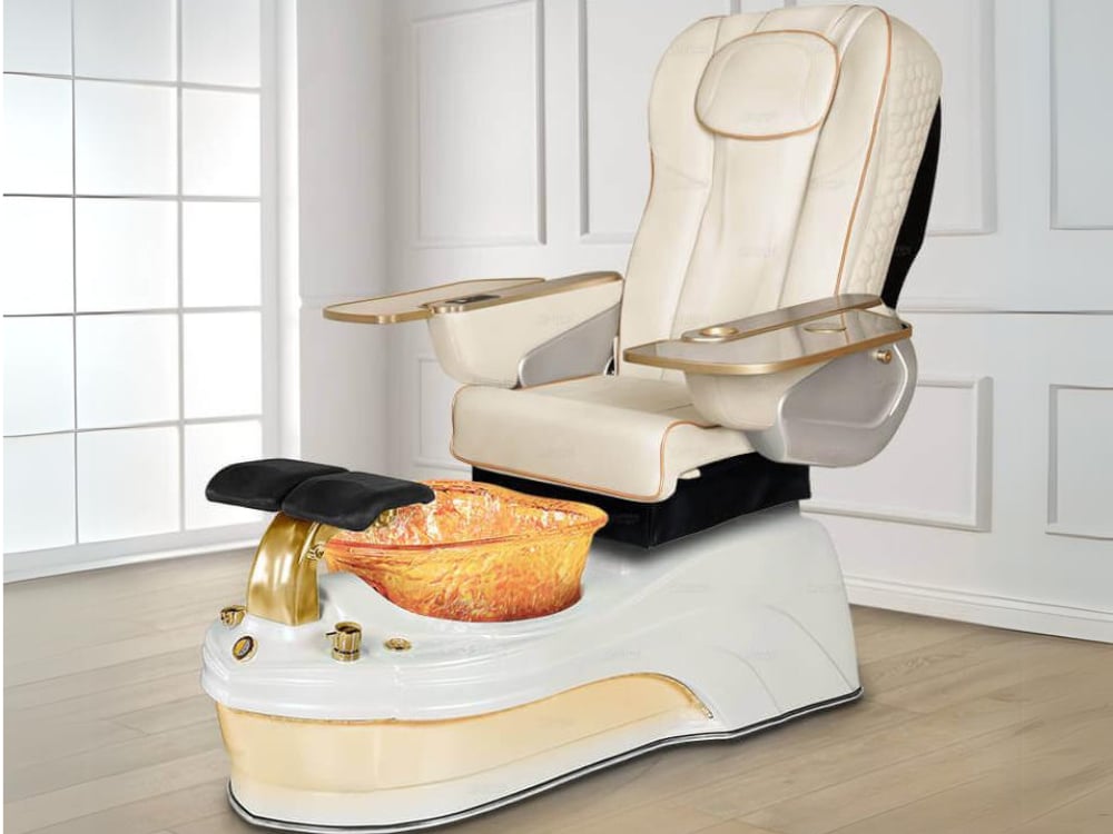 Gulfstream Spa pedicure chairs featuring the Ampro, Daisy 3, La Mira, and Lavender 3 models in a luxurious modern salon setting.