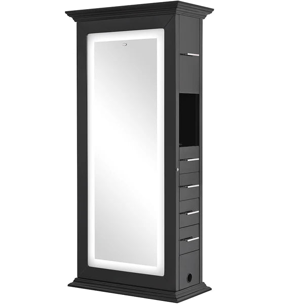 Modern hair salon styling station featuring storage, professional workspace, and stylish furniture for beauty salons and hairstyling professionals.