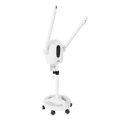 DIR professional hot and cold facial steamer with ozone therapy on a white rolling stand with dual adjustable arms for medical spas and salons.