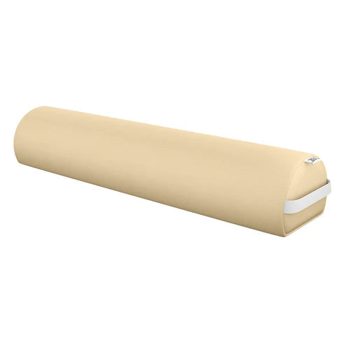 DIR Arc Beige professional massage table bolster cushion with side strap handle, isolated on a white background.