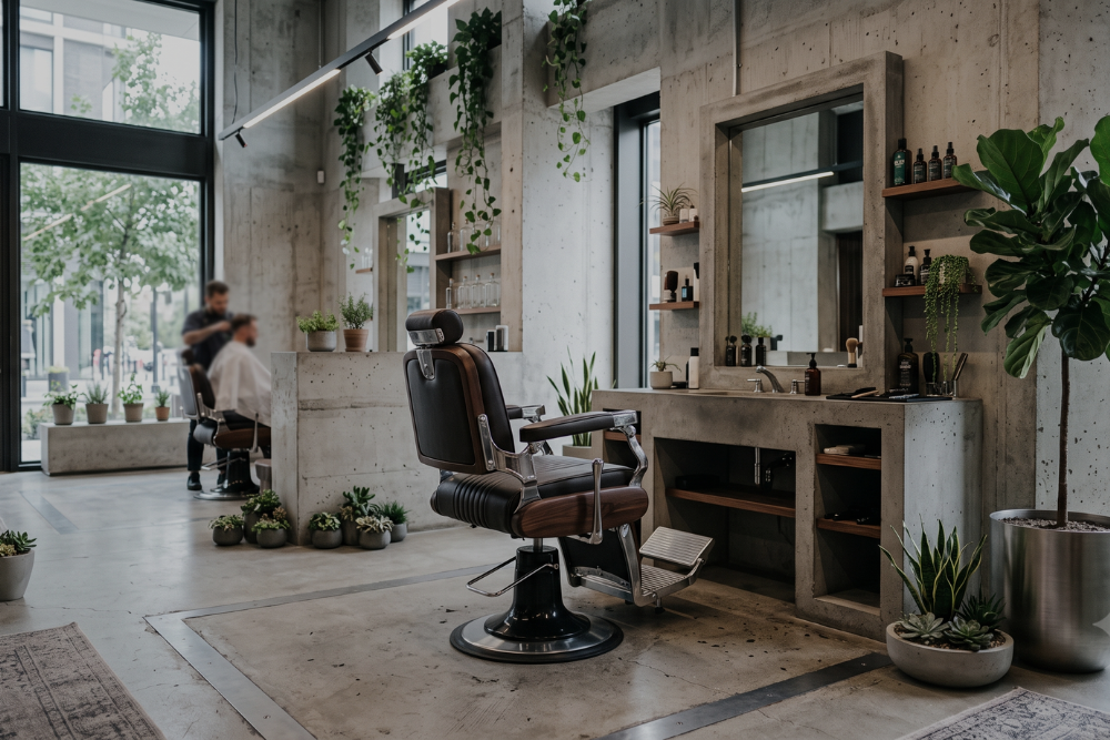 A modern industrial-style barbershop interior with a dark leather barber chair in the foreground, concrete walls and floor, large mirrors, shelves, and multiple potted green plants. A person is faintly visible in the background near another chair by the window.