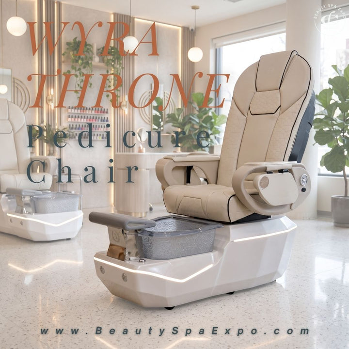 odern WYRA THRONE Pedicure Chair in cream-white upholstery with a lighted geometric base and grey foot spa tub, showcased inside an upscale nail salon with warm lighting and plants. Text overlay: "WYRA THRONE Pedicure Chair" and "www.BeautySpaExpo.com" at the bottom.