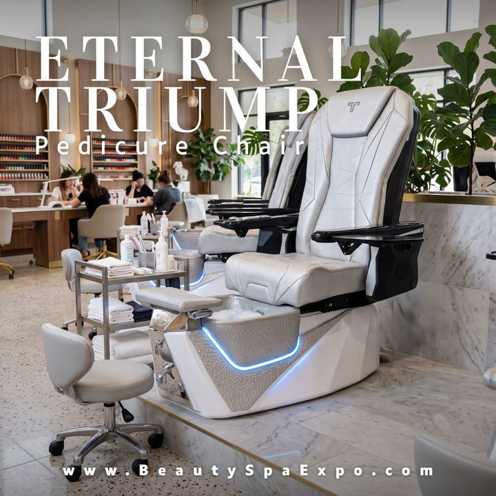 Eternal Triumph luxury pedicure chair in white leather with LED accent lighting and matching technician stool in a modern nail salon.