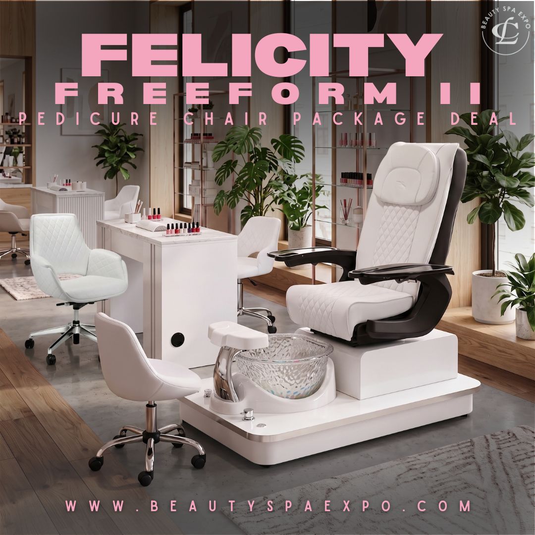 Felicity Freeform II pedicure chair package deal in modern salon setting with white quilted leather spa chair, glass basin, manicure table, and technician stools.