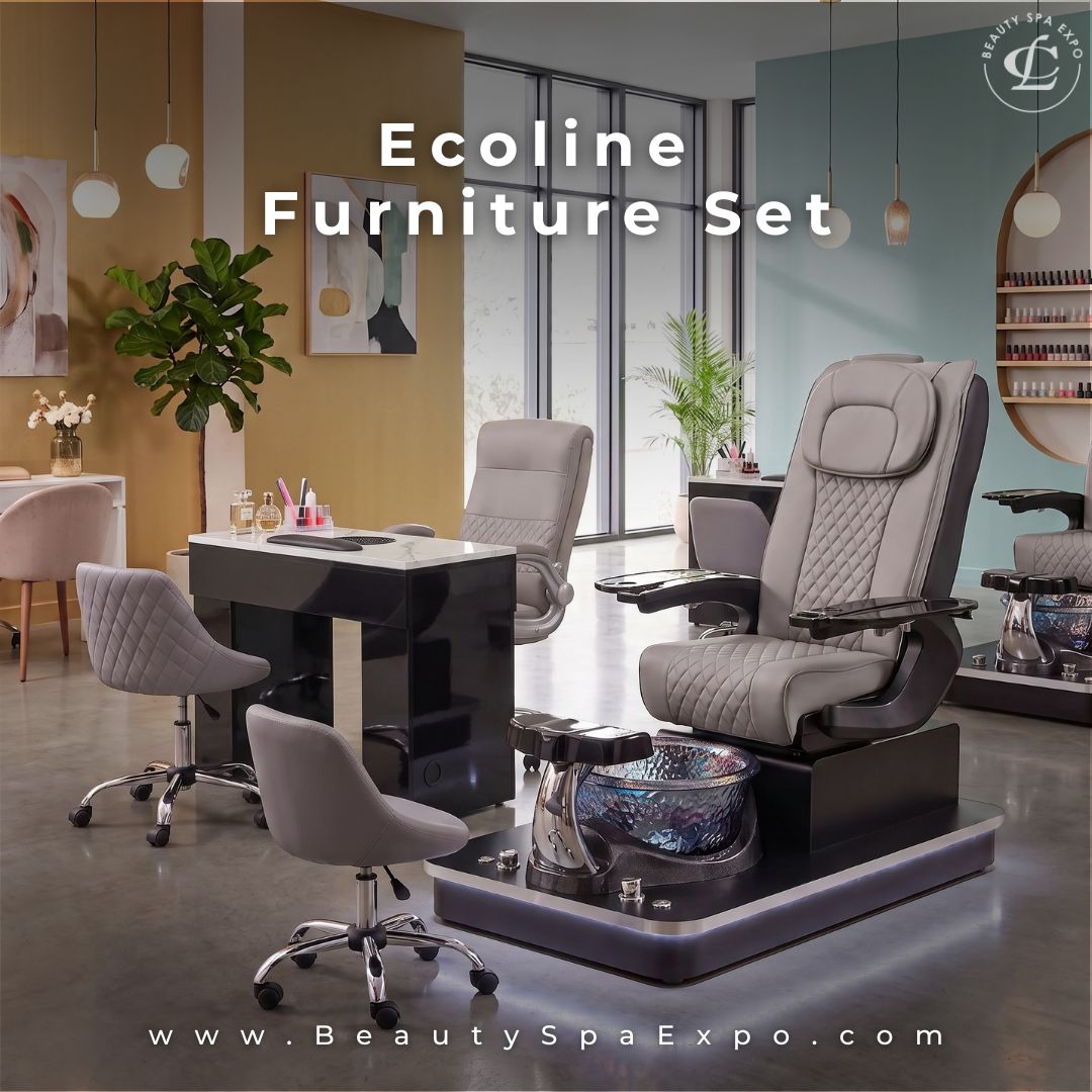 Ecoline Salon Furniture Set featuring a gray luxury pedicure chair with glass basin, matching manicure table, and technician chairs by Beauty Spa Expo.