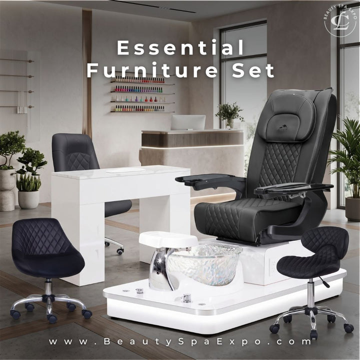 Essential Furniture Set featuring a black quilted pedicure spa chair with white base, matching manicure table, and technician stools by Beauty Spa Expo.