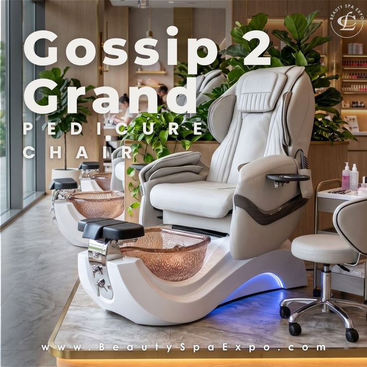 Gossip 2 Grand Pedicure Chair with white leather massage seat and amber glass basin
