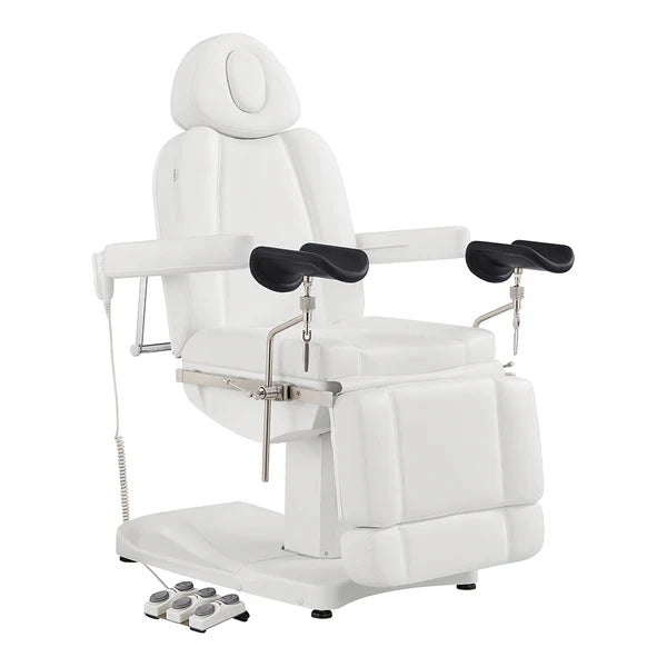 All white electric medical and esthetician chair featuring adjustable stirrup armrests, extendable leg rests, and a multi-switch foot pedal.