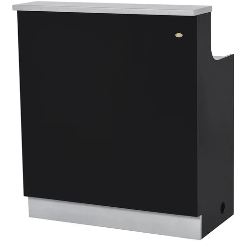 Black modern reception desk with a raised counter shelf, built-in LED lighting, and a circular cable management cutout, featuring a small DIR brand logo on the upper right panel.