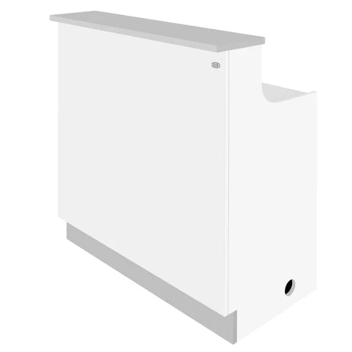 White modern reception desk with a raised counter shelf, built-in LED lighting, and a circular cable management cutout, featuring a small DIR brand logo on the upper right panel.