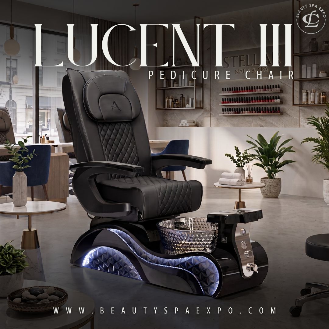 Lucent III Pedicure Chair in black quilted leather with LED-lit base and crystal glass basin in a modern nail salon.