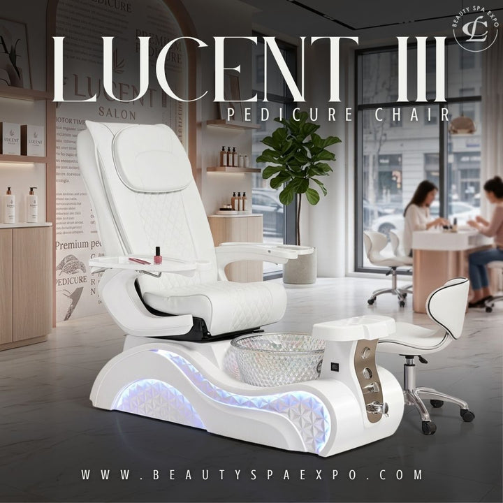 Lucent III Pedicure Chair in white quilted upholstery with illuminated LED base, glass basin, adjustable footrest, and matching technician stool.