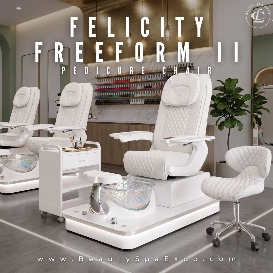 White Felicity Freeform II pedicure chair with iridescent crystal bowl, matching technician stool, and rolling trolley cart in modern nail salon.
