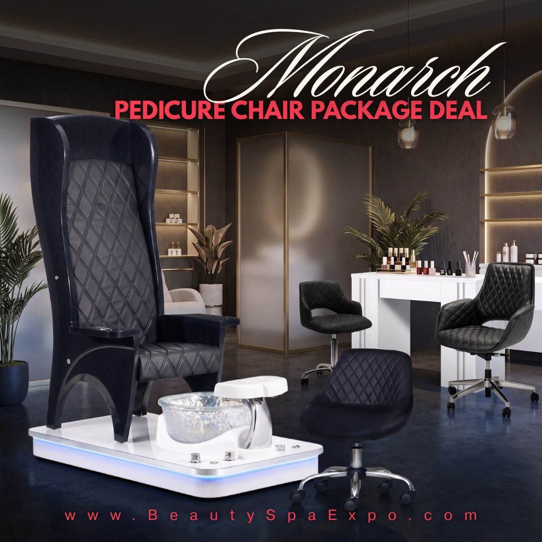 Monarch Pedicure Chair Package Deal Set A featuring a white high-back luxury pedicure chair, manicurist desk, and technician stools