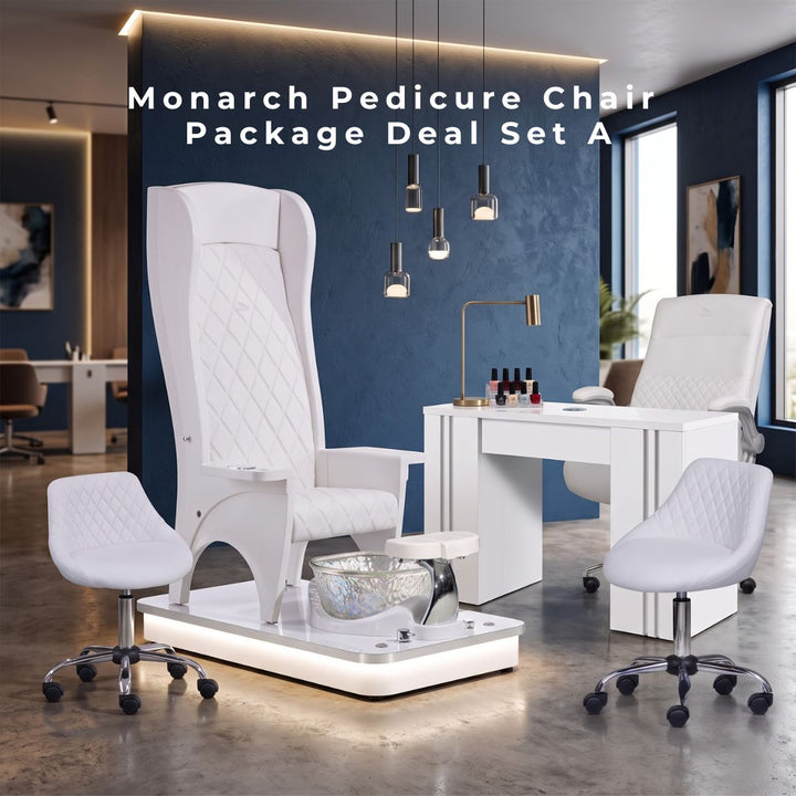 Monarch Pedicure Chair Package Deal Set A featuring a white high-back luxury pedicure chair, manicurist desk, and technician stools