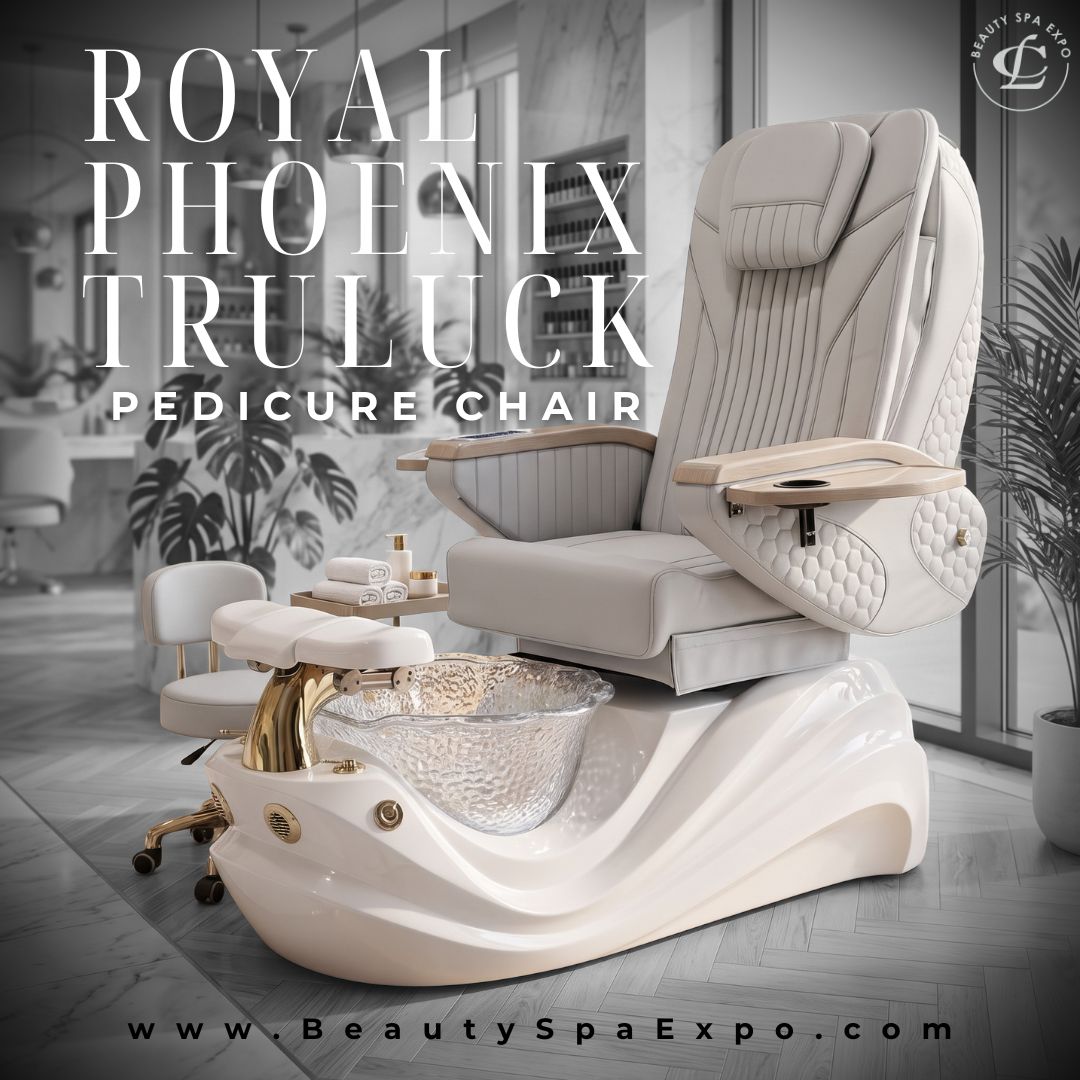 Royal Phoenix Truluck luxury pedicure chair in cream with glass foot basin and technician stool