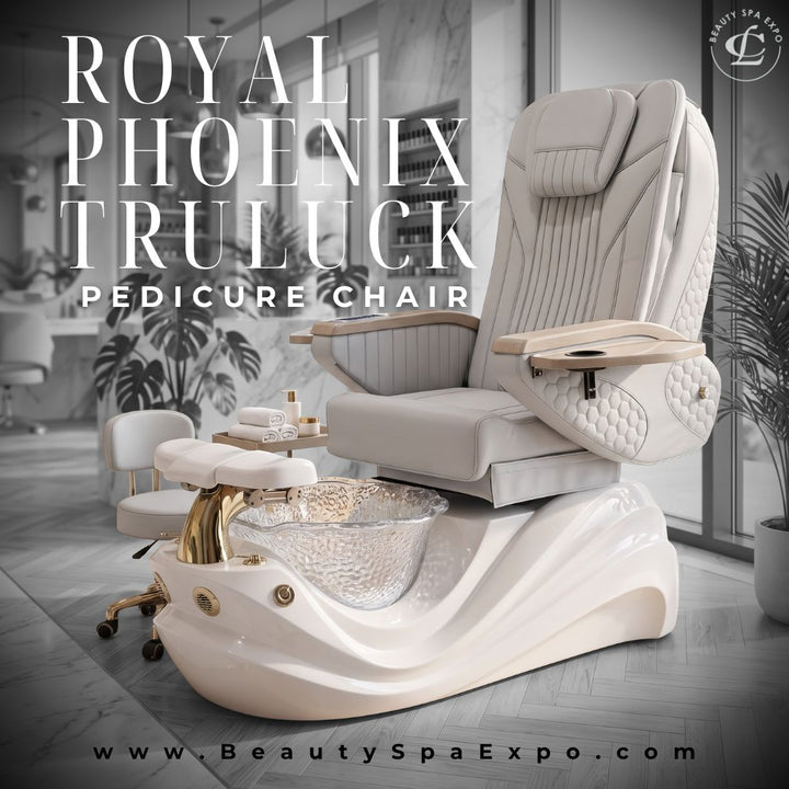 Royal Phoenix Truluck luxury pedicure chair in cream with glass foot basin and technician stool