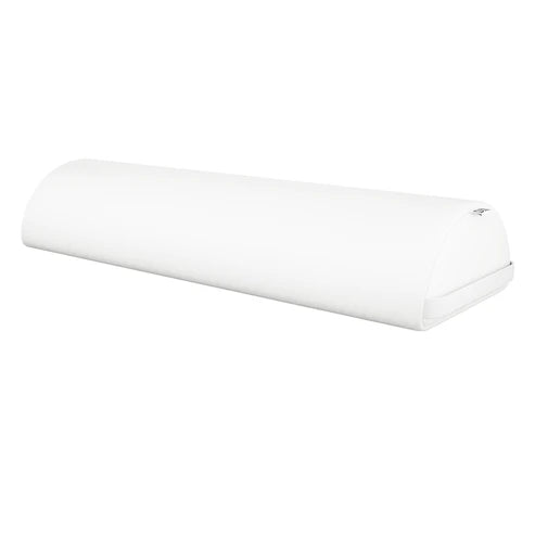 DIR White half-round semi-circle massage bolster , crafted with durable, easy-to-clean vinyl and built-in carry straps for professional clinical use.