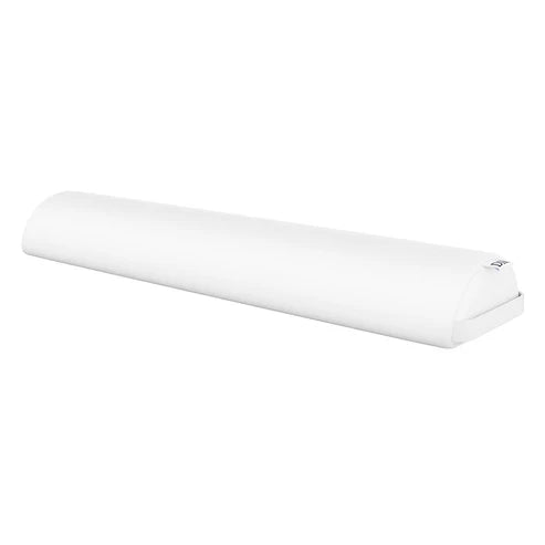 white semicircular massage bolster pillow with leather upholstery and carrying handle for spa or salon tables.