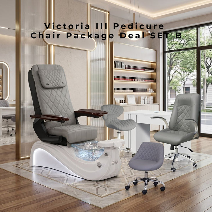 Whale Spa Victoria III Pedicure Chair Package Deal Set B featuring gray diamond-quilted salon chairs, a white manicure nail table, a rolling technician stool, and an LED-lit pedicure spa base with a crystal glass bowl in a modern salon showroom setting.