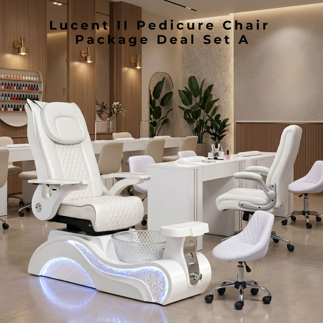 Lucent II white pedicure chair package deal set A with LED base and matching technician stool in a luxury nail salon.