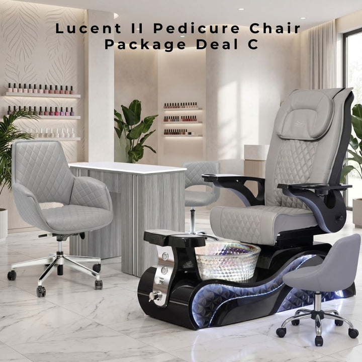 Lucent II Pedicure Chair Package Deal C featuring a grey quilted pedicure spa chair, matching manicure table, customer chair, and stool.
