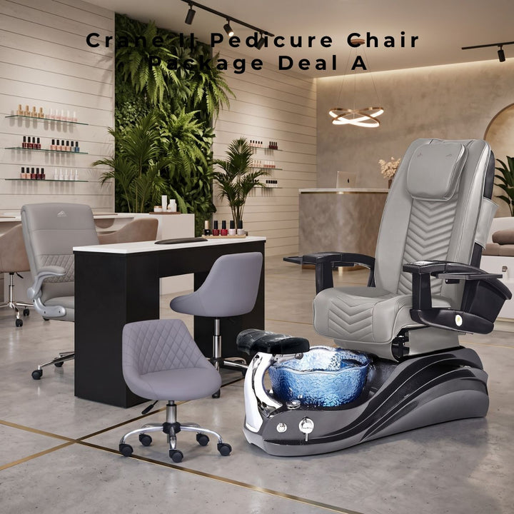 Crane II Pedicure Chair Package Deal A featuring a grey luxury pedicure spa chair with a blue glass bowl, a black and white manicure table, and matching grey salon stools.