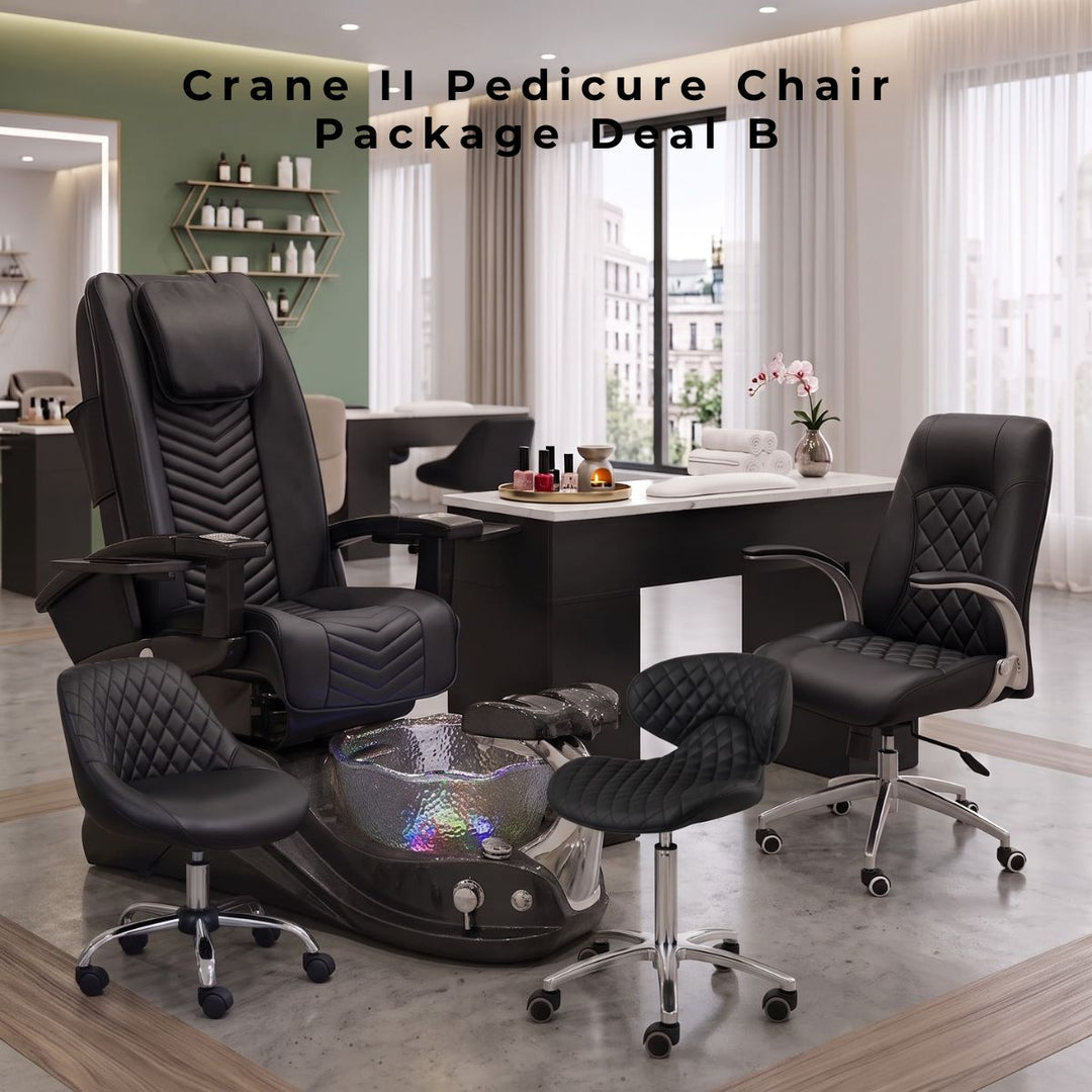 Crane II Pedicure Chair Package Deal B featuring a black quilted spa chair with an illuminated glass bowl, manicure table, and matching salon stools.