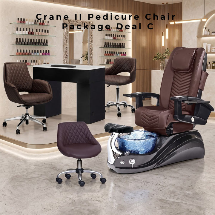 Crane II Pedicure Chair Package Deal C featuring a brown leather pedicure chair with a blue glass basin, black manicure table, and matching salon stools.