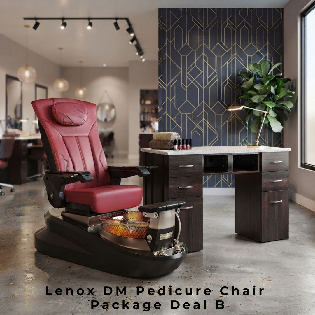 Lenox DM Pedicure Chair Package Deal B featuring a red leather pedicure chair with a glass basin next to a dark wood manicure table in a modern salon setting.