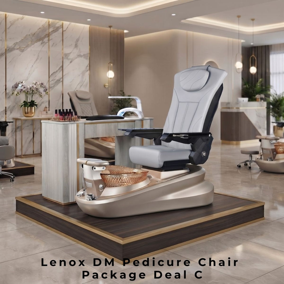 Lenox DM Pedicure Chair Package Deal C featuring a grey luxury pedicure spa chair with a gold base, glass bowl, and matching manicure desk.