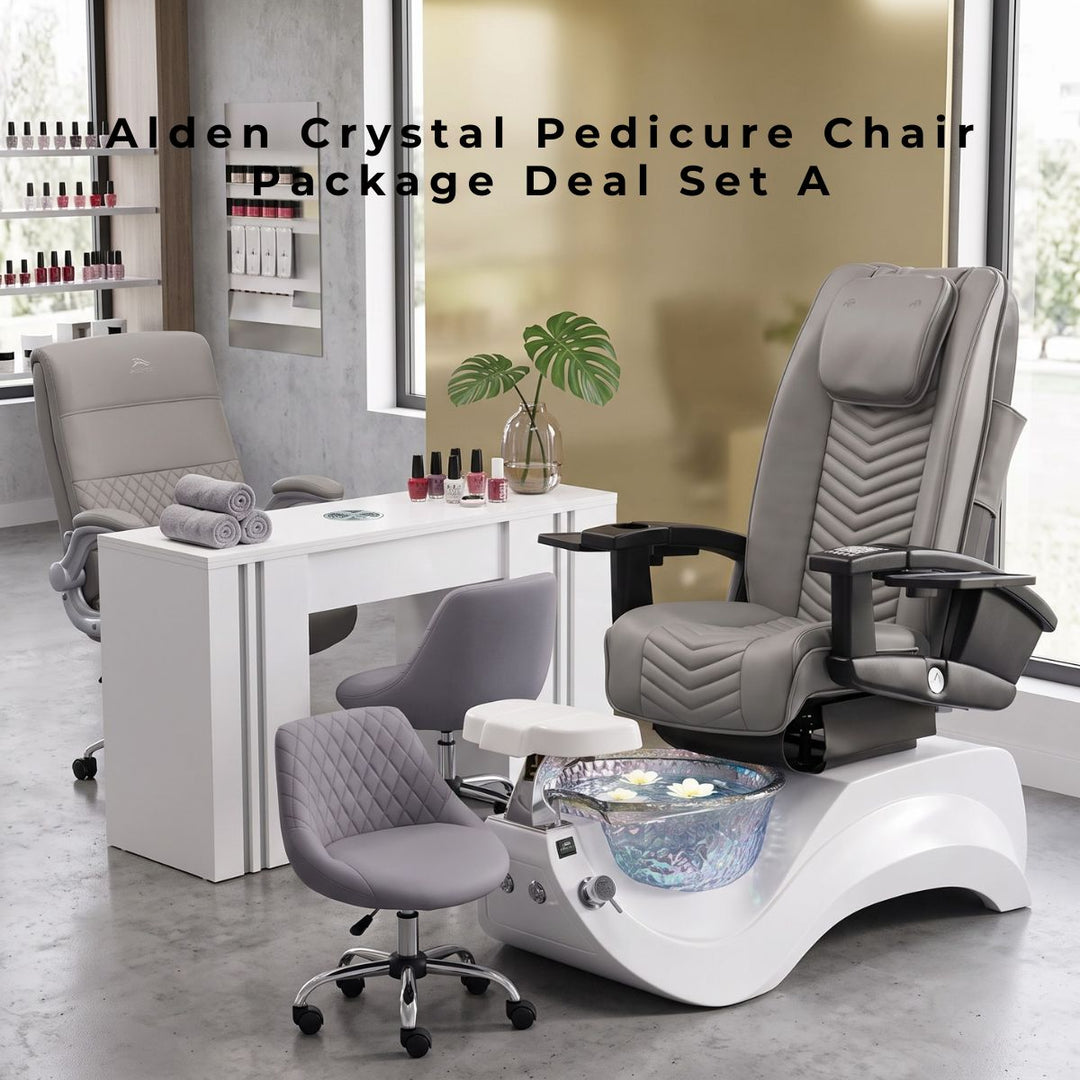 Alden Crystal Pedicure Chair Package Deal Set A with luxury grey leather chair, crystal glass foot basin, and matching salon furniture.