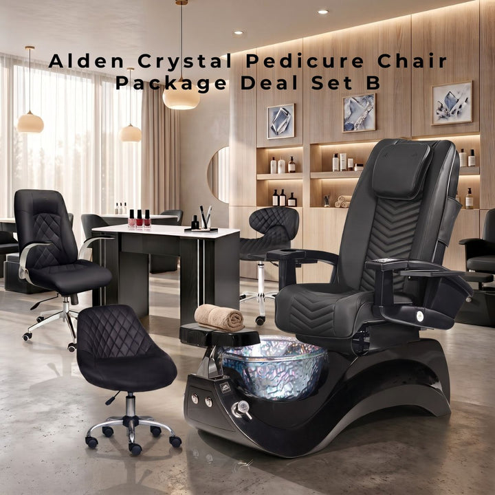 Spa Alden Crystal Pedicure Chair Package Deal Set B, featuring a luxurious black leather massage pedicure chair with a dazzling crystal glass foot basin, matching black manicure table, two client manicure chairs, and a technician stool in a modern salon setting.