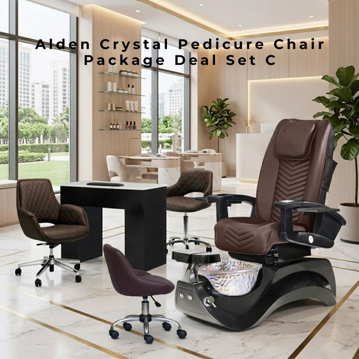 Alden Crystal Pedicure Chair Package Deal Set C featuring a brown leather massage chair, crystal basin, manicure table, and matching furniture