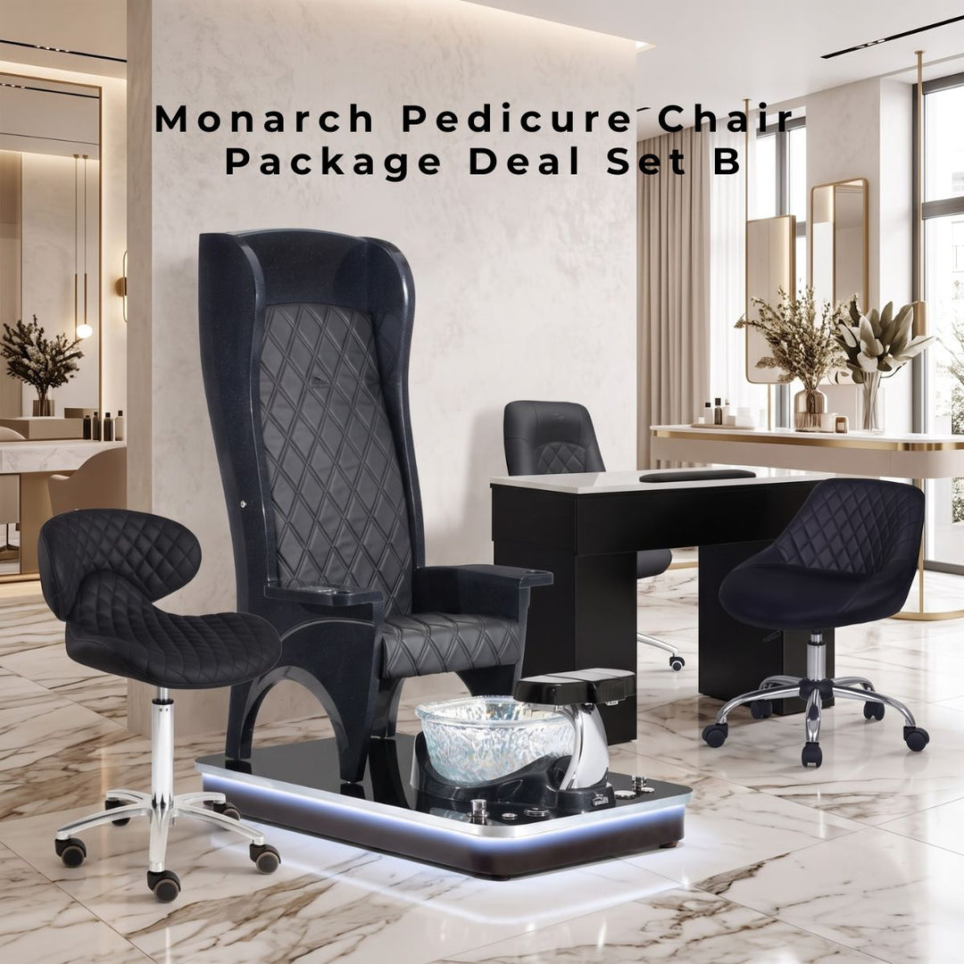 Monarch Pedicure Chair Package Deal Set B with high back, glass bowl, matching technician stool, and manicure table in modern luxury salon setting