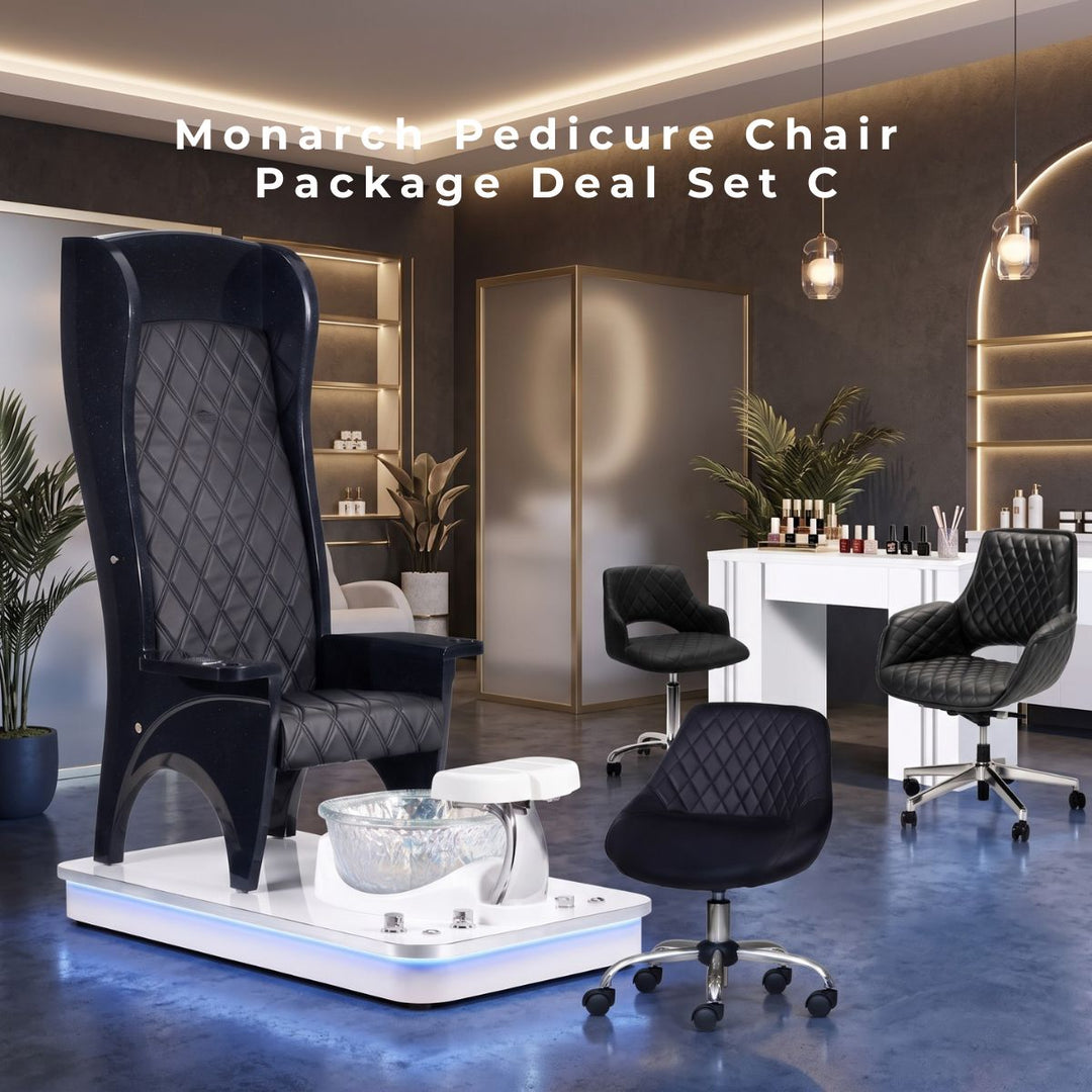Monarch Pedicure Chair Package Deal Set C featuring a black high-back pedicure chair, glass foot basin, white manicure table, and black salon chairs.