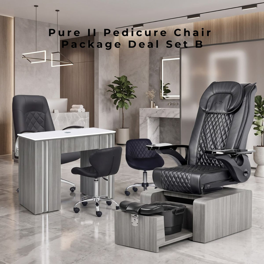 t: Pure II Pedicure Chair Package Deal Set B featuring a black quilted salon chair, foot spa, and matching manicure table.