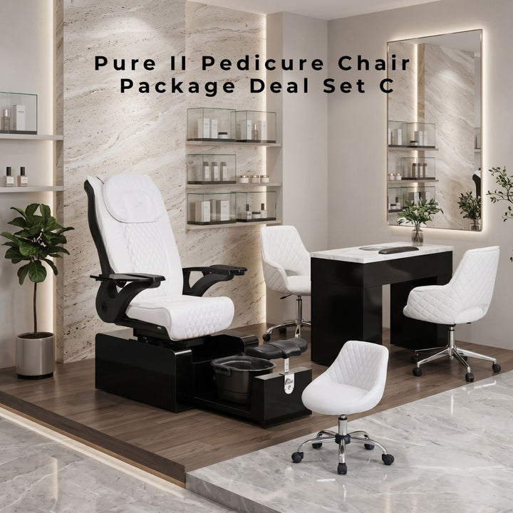 Pure II Pedicure Chair Package Deal Set C, luxury black and white salon furniture bundle.