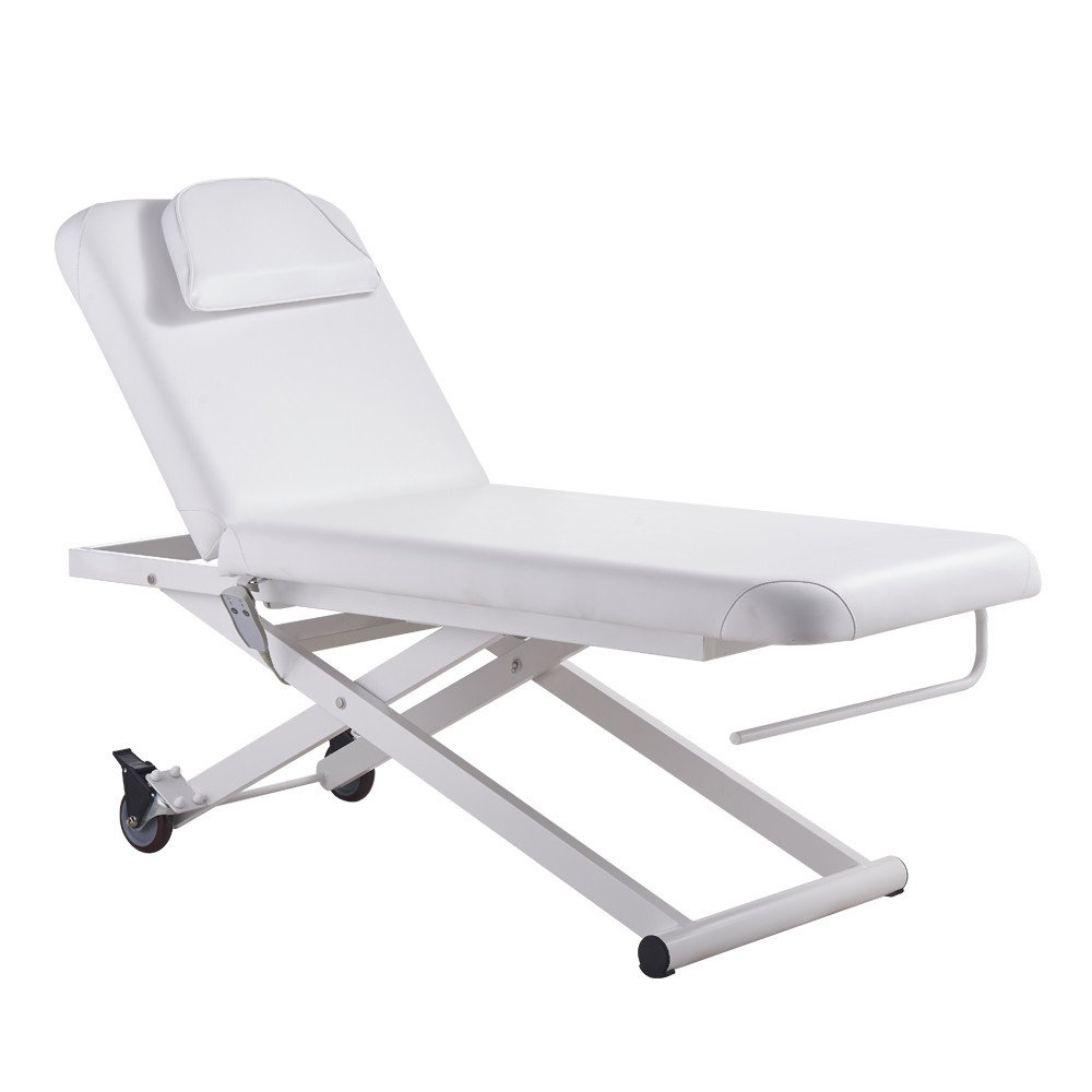 White Ebro electric facial bed and massage table with an adjustable backrest, a face cutout, a scissor-lift metal base, and lockable caster wheels.