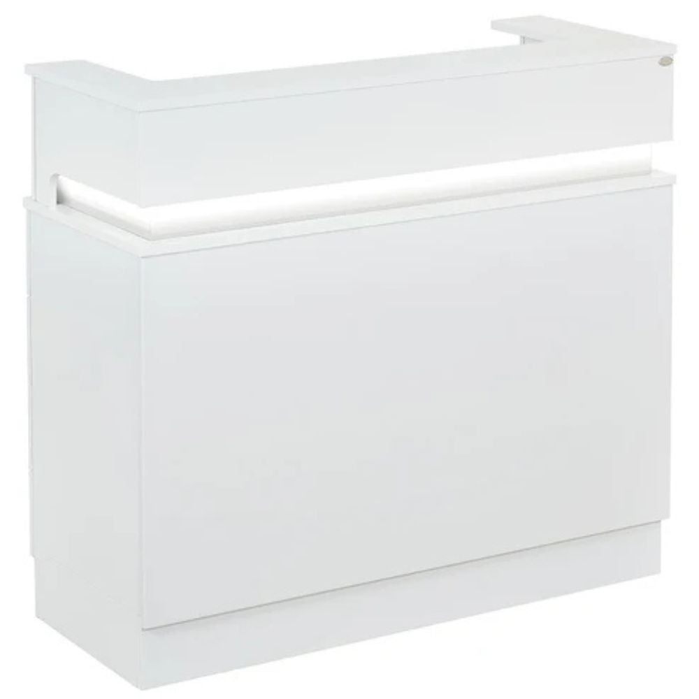 A modern White Langara LED salon reception desk with a counter, keyboard slide-out, and LED light accent.