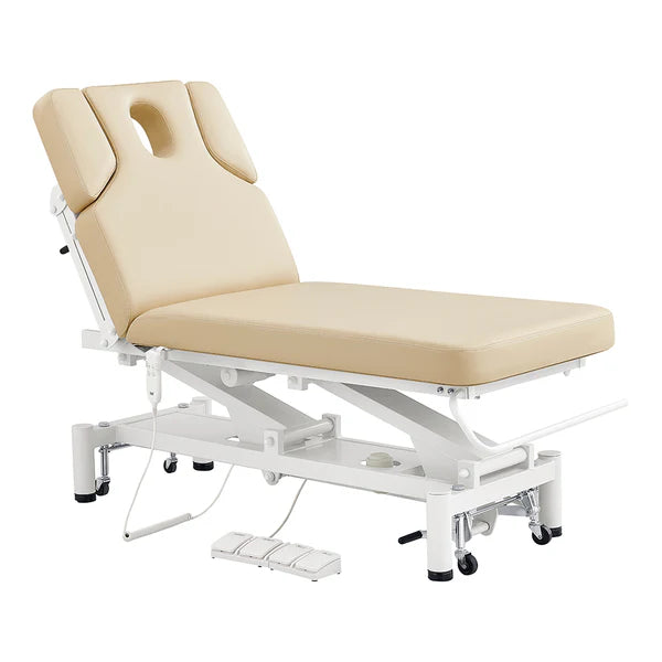 All Beige VitalEarth 2-Motors Treatment Table and Wellness Therapy Bed in black leather with adjustable electric height and backrest controls for spa, massage, and medical use.