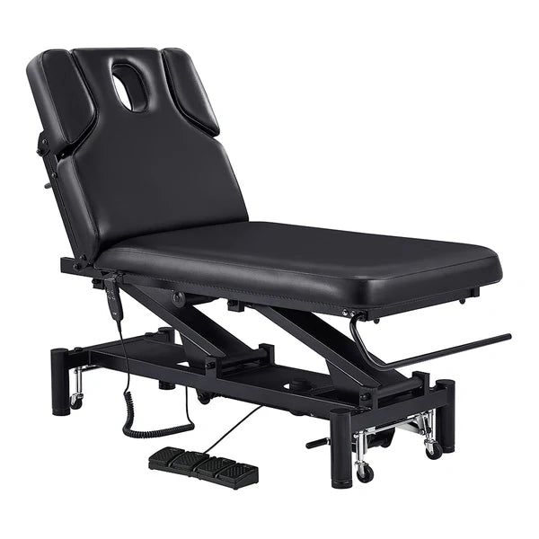 All Black VitalEarth 2-Motors Treatment Table and Wellness Therapy Bed in black leather with adjustable electric height and backrest controls for spa, massage, and medical use.