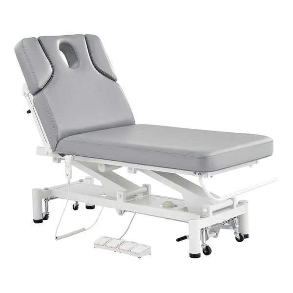 All Gray VitalEarth 2-Motors Treatment Table and Wellness Therapy Bed in black leather with adjustable electric height and backrest controls for spa, massage, and medical use.