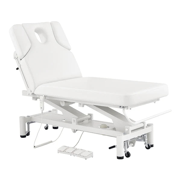 All White VitalEarth 2-Motors Treatment Table and Wellness Therapy Bed in black leather with adjustable electric height and backrest controls for spa, massage, and medical use.