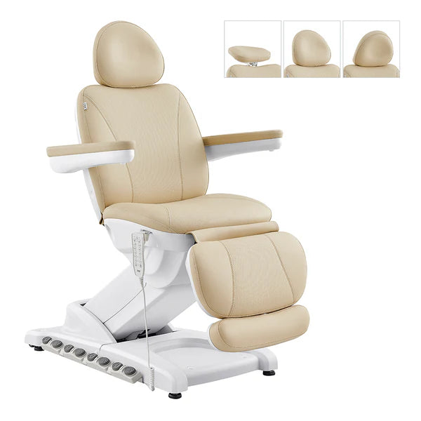 Beige Upholstery and white base electric facial bed and medical spa treatment chair featuring adjustable armrests, a wired hand remote, and built-in foot controls on the base. The top right inset images show the adjustable headrest with a removable cushion revealing a face cutout hole.