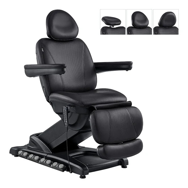 All-Black electric facial bed and medical spa treatment chair featuring adjustable armrests, a wired hand remote, and built-in foot controls on the base. The top right inset images show the adjustable headrest with a removable cushion revealing a face cutout hole.