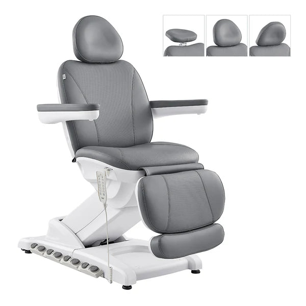 white base and Gray Upholtery electric facial bed and medical spa treatment chair featuring adjustable armrests, a wired hand remote, and built-in foot controls on the base. The top right inset images show the adjustable headrest with a removable cushion revealing a face cutout hole.